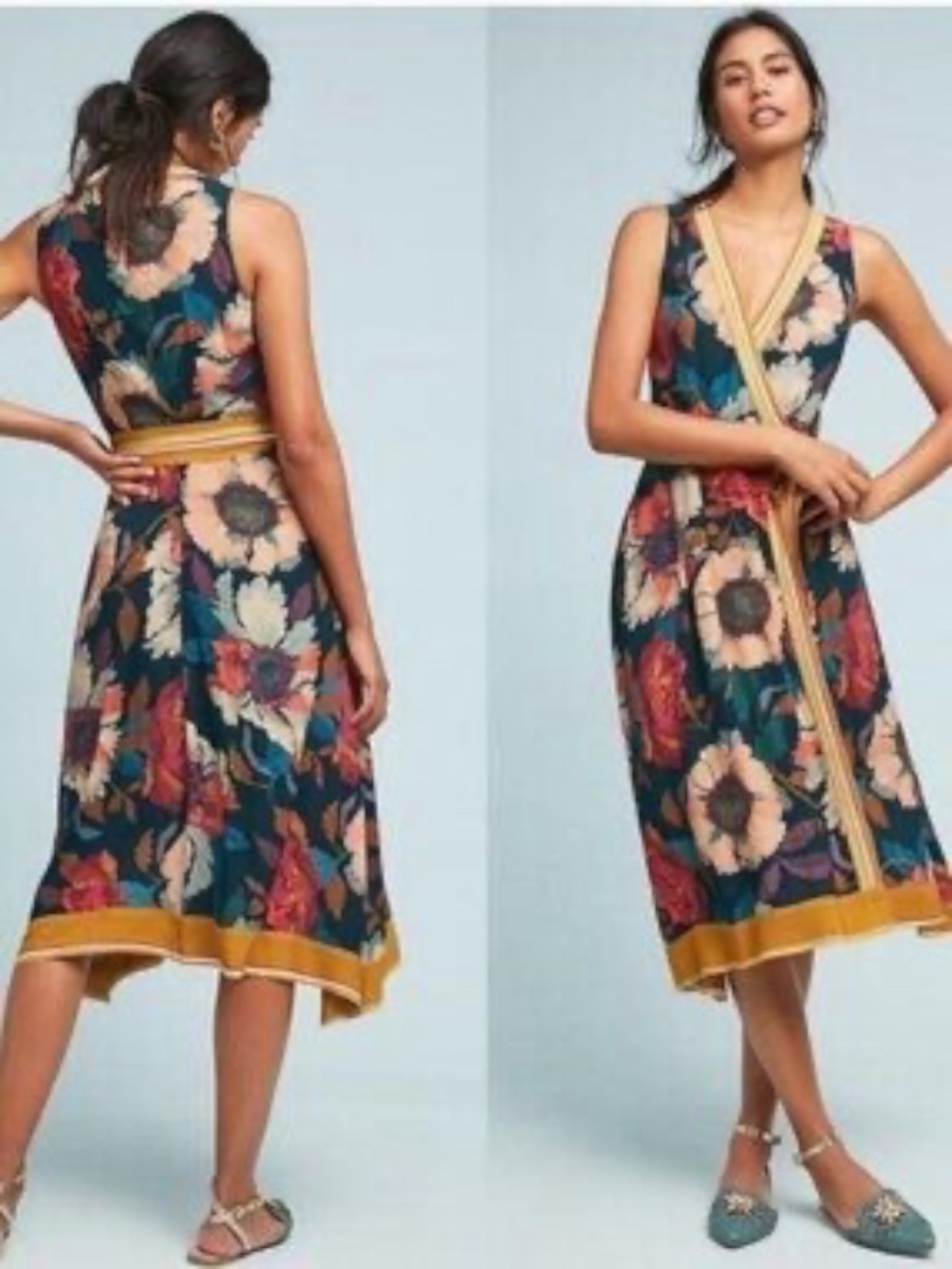 Anthropologie Maeve Botanical Floral Faux Wrap Midi Dress 6